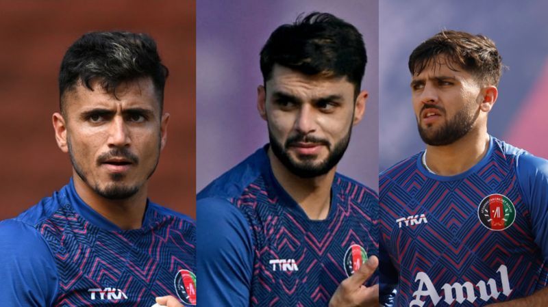 Three key Afghan national players—Mujeeb Ur Rahman, Fazal Haq Farooqi, and Naveen Ul Haq.