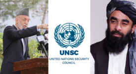 The photo shows Zabihullah Mujahid, the spokesperson for the Islamic Emirate of Afghanistan, on the left side. In the center is the logo of the United Nations Security Council, and on the right side, former Afghan President Hamid Karzai is visible while speaking