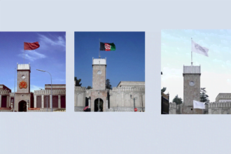 The Images display how Afghanistan's flag and colors have changed recently. All three images are from the same spot: the Kabul Presidential Palace (Arg) ; from left to right: a red flag with a yellow seal and a star and a book, for the People's Democratic Party of Afghanistan; a black, red, and green tricolor with the national emblem, for the Islamic Republic of Afghanistan; and a white flag with the Shahada, the Islamic faith statement, in black Arabic script, for the Islamic Emirate of Afghanistan.