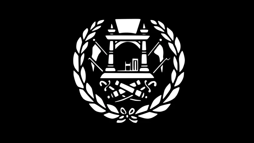 The Flag of Afghanistan from 1901 to 1919 features a white emblem with a mosque in the center surrounded by a wreath on a black background. This emblem is a precursor to the current Afghanistan national emblem.