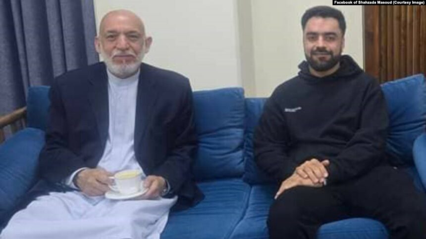 In the photo, on the right is Afghanistan national cricket team player Rashid Khan, and on the left is former Afghan President Hamid Karzai.