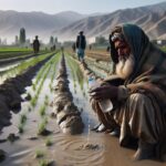 AI-generated Graphic of Afghan farmers in fields suffering from the effects of drought and flooding due to climate change