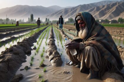 AI-generated Graphic of Afghan farmers in fields suffering from the effects of drought and flooding due to climate change