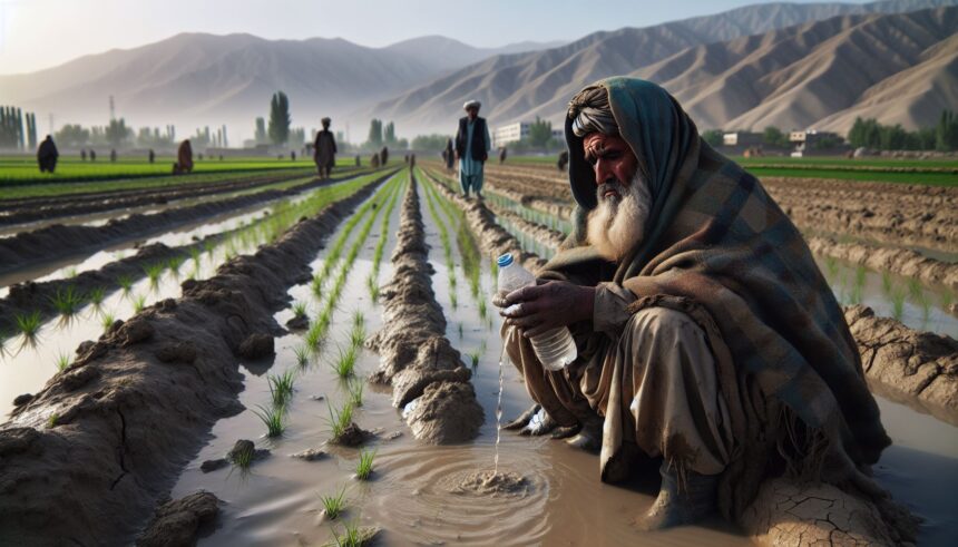 AI-generated Graphic of Afghan farmers in fields suffering from the effects of drought and flooding due to climate change