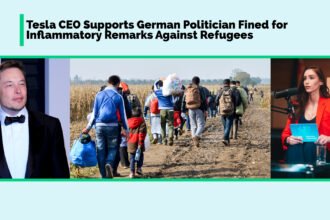 A collage featuring portraits on the right Marie-Thérèse Kaiser and on the left Elon Musk, between the two portraits it shows an image of a group of refugees on a journey, and a headline about Elon Musk’s alliance with the AfD impacting refugee sentiments