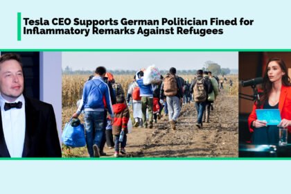 A collage featuring portraits on the right Marie-Thérèse Kaiser and on the left Elon Musk, between the two portraits it shows an image of a group of refugees on a journey, and a headline about Elon Musk’s alliance with the AfD impacting refugee sentiments