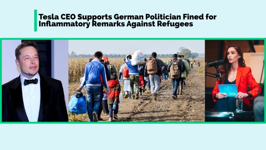 A collage featuring portraits on the right Marie-Thérèse Kaiser and on the left Elon Musk, between the two portraits it shows an image of a group of refugees on a journey, and a headline about Elon Musk’s alliance with the AfD impacting refugee sentiments