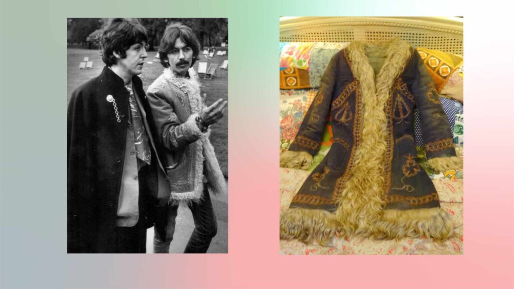 A black and white photograph of two members of The Beatles, one of whom is wearing a traditional Afghan coat with fur trim. The second image in the collage shows a close-up of a traditional Afghan coat laid on a colorful patterned bed, highlighting the intricate embroidery and fur lining.