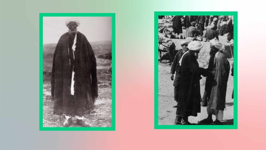 A historical black and white photograph of an Afghan man wearing a traditional Afghan coat, standing alone. The second image in the collage shows two men in traditional Afghan attire, including the Afghan coat, engaging in conversation in what appears to be a marketplace.