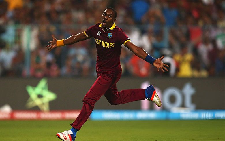 Dwayne Bravo, wearing the West Indies cricket team uniform, celebrates energetically during a match. He has his arms outstretched and a look of triumph on his face. Image Credit: Afghanistan Cricket Board Website