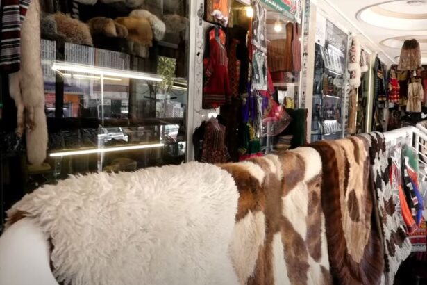 A shop displaying a variety of traditional Afghan coats and garments. The storefront features vibrant and intricately designed Afghan clothing, including coats with fur and embroidery. The shop is filled with an array of traditional textiles and crafts, showcasing the rich cultural heritage and craftsmanship of Afghanistan.