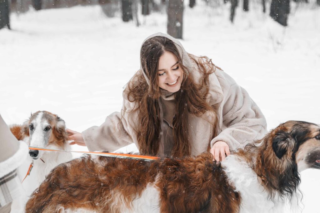 A young woman with long, wavy brown hair and wearing a light beige coat smiles while petting two Afghan Hounds in a snowy forest. The dogs have long, flowing fur with a mix of white and brown, highlighting their elegant appearance. Snowflakes gently fall around them, creating a serene winter scene. The woman appears joyful, enjoying the moment with her beloved pets.